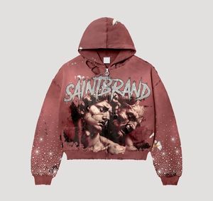 Sudadera con capucha con cremallera de forro polar grueso, estilo vintage lavado, con estampado gráfico Saintbrand, pedrería, Y2K, oversize, venta al por mayor del fabricante - Product Image 5