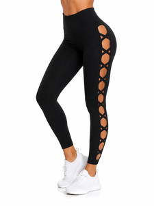 <b>Women</b>’s Black High Waist Stretch <b>Leggings</b> with Side Cutout Crisscross Detail – Full Length Fashion Activewear Pants - Product Image 2