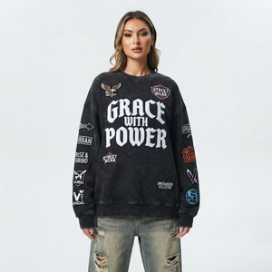 Sweat-shirts surdimensionnés brodés pour femmes avec patchs, style streetwear, manches longues, coupe classique, 100% coton molletonné 500 g/m², chemises pour femmes - Product Image 1