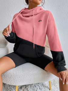 Wholesale Women's Pink Black Color <b>Block</b> Crossover Neck Hoodies Heavy Cotton Fleece Relaxed Fit Pullover Custom Logo Supplier - Product Image 3