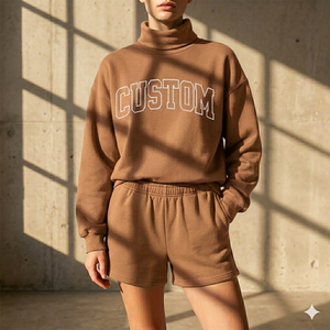 Conjunto de Top de Cuello Alto y Shorts para Mujer, Estilo Informal, Cálido, Cómodo, para Uso Diario - Product Image 1
