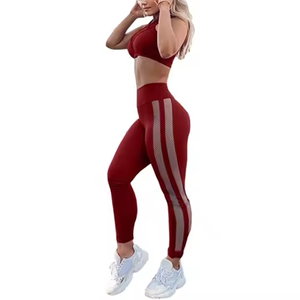 Ensemble de yoga pour femmes, leggings côtelés taille haute, soutien-gorge de sport dos nageur, 2 pièces, sans couture, longueur intégrale, gris, Spandex Polyester - Product Image 3