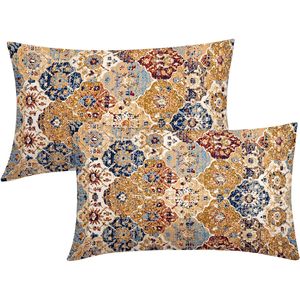 Housse de coussin lombaire vintage bohème 12x20, couleurs or, orange, bleu marine, rouge et beige, ensemble tapis et taies d'oreiller style bohème oriental - Product Image 1