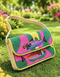 Sac à main pliable perlé avec motif poisson, style bohème rayé, à bandoulière unique pour femme - Product Image 1