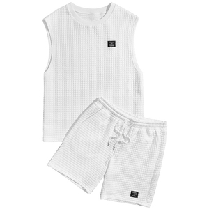 Mens Sleeveless Printed T Shirt Shorts <b>Set</b> Waffle <b>Knit</b> Summer Two Piece Outfit Breathable Lightweight Casual Loungewear - Product Image 3