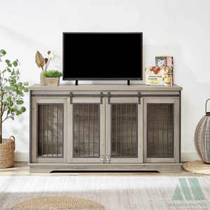 Exportation directe : Meuble d'intérieur 2-en-1 pour chien et chat et meuble TV avec plateau métallique à fermeture coulissante horizontale et palette en bois - Product Image 2