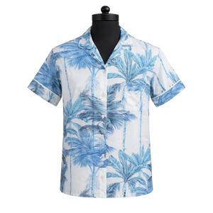 Ensemble de pyjama en coton pour femmes, imprimé palmiers bleus, chemise à manches courtes, vêtements de détente d'été, ensemble fait main - Product Image 1