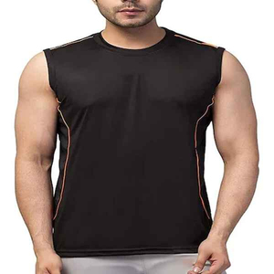Camiseta sin mangas negra de alto rendimiento para hombre al por mayor - Chaleco de gimnasio con ribetes naranjas en contraste - Camiseta deportiva sin mangas de secado rápido para entrenamiento - Product Image 1