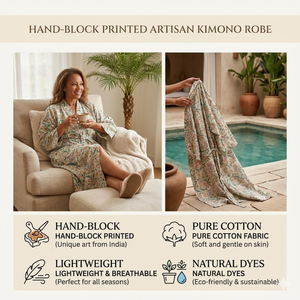 Kimono Artesanal de Algodón con Estampado Floral Gris |   Bata de dormir de manga larga con cuello en V para mujer |   Bata de Spa Larga de Algodón Puro, Diseño Exclusivo - Product Image 6