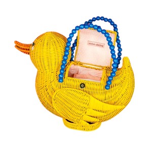 Yellow Rattan Duck Shape Storage <b>Basket</b> With Blue Bead <b>Handle</b> Animal Pattern Decorative Handmade <b>Wicker</b> Bag - Product Image 3