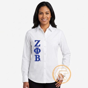 Chemise boutonnée pour femme GREEK TREASURES ODM pour la sororité et la fraternité Zeta Phi Beta, 100 % coton, écologique, anti-boulochage, pour le bureau - Product Image 3