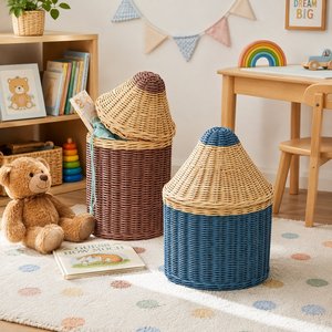 Wholesale <b>Handmade</b> Rattan Basket with Lid Woven Storage Organizer for Toys <b>Clothes</b> Nursery Kids Room Home Decorative Use Storage - Product Image 1