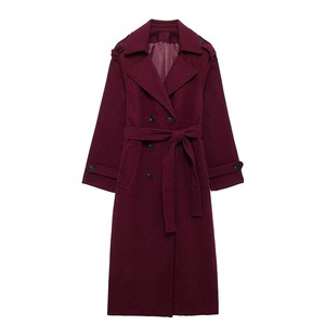 Maroon Solid Color <b>Women</b> <b>Wool</b> Trench <b>Coat</b> <b>Double</b> <b>Breasted</b> Solid Color Long Custom <b>Wool</b> <b>Coats</b> - Product Image 1