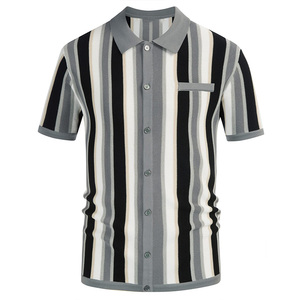 T-shirt tricoté d'été pour homme, décontracté, à rayures, col à revers, 100 % coton, anti-rides, haute qualité - Product Image 3