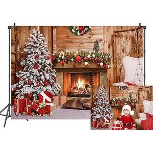 Sfondo fotografico natalizio rustico 7x5ft con camino, albero e regali, decorazione per feste di Natale - Product Image 1