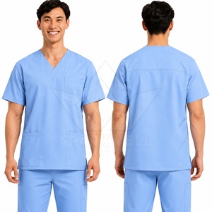 Haut de blouse médicale gris pour homme, col en V, manches courtes, en coton et polyester tissé, respirant, multi-poches, pour le travail en milieu médical, hospitalier et de soins infirmiers - Product Image 3