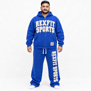 Ensemble de survêtement en molleton coupe décontractée, veste zippée personnalisée, pantalon de survêtement large, strass, streetwear unisexe, ensemble deux pièces pour homme - Product Image 2