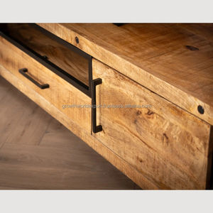 Meuble TV industriel en bois de manguier avec portes coulissantes, console moderne en bois massif pour appartement, tiroirs de rangement, compatible avec les téléviseurs de 65 pouces et plus - Product Image 4