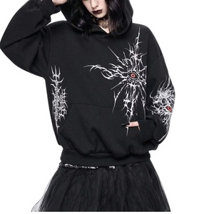 Sudadera con Capucha Personalizada Negra Unisex Oversize con Gráfico de Ojo Rojo, de Forro Polar Grueso, Estilo Gótico Cyber Streetwear - Product Image 2
