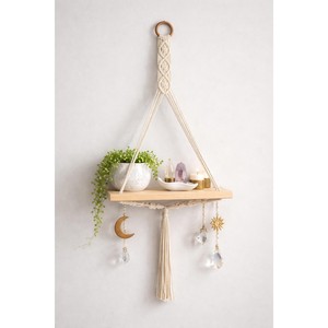 Étagère murale bohème en bois de manguier artisanal, macramé, 35 cm, vente en gros - Product Image 1