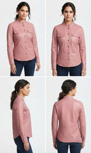 Chemise élégante pour femmes en cuir PU rose, cuir de vachette de qualité supérieure, mode décontractée, manches longues, fermeture à boutons pression, coupe ajustée, haut en cuir - Product Image 4