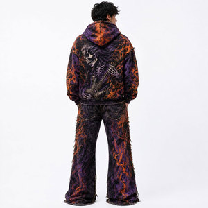 Men's Hooded Tracksuit Full Sleeve Acid Wash Rhinestone Printed Mountain Design Regular Fit Streetwear Wide Leg <b>Pants</b> Side - Product Image 3