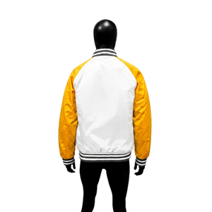 Blouson universitaire en satin blanc et jaune, vente en gros, blouson bomber de baseball brillant de qualité supérieure avec manches contrastées et col côtelé rayé - Product Image 2