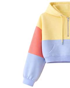 Conjunto de dos piezas casual para mujer: Sudadera corta con cremallera y pantalones cortos con bloques de color amarillo, azul y naranja, bolsillos tipo cargo, de poliéster y algodón, al por mayor. - Product Image 3