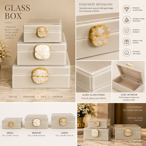 Cream <b>White</b> Glass Jewelry Storage Box Set with Natural Agate Accent <b>Gold</b> Edging Glossy Finish Decorative Keepsake Organizer - Product Image 5