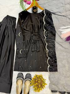 Salwar Kameez para Mujer con Bordado Intenso y Lentejuelas en Seda Chinnon Pura para Bodas, Diwali y Fiestas, Completamente Cosido - Product Image 2