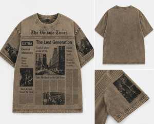 Men’s Vintage Washed T-<b>Shirt</b> with Newspaper Print Oversized Streetwear Tee Custom Graphic Cotton Top with <b>Leather</b> Hem Label - Product Image 4
