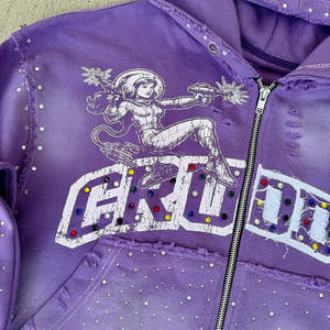 Streetwear Manufacturer Vintage Washed Heavyweight Hoodie Mens Boxy Fit Rhinestone Hoodie with Custom Embroidery and Patches - Product Image 5