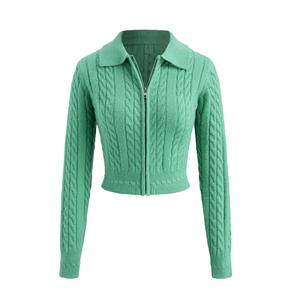 Women Knit <b>Cardigan</b> Blue Casual Long Sleeve Lapel Neck <b>Zip</b> <b>Up</b> Autumn Top Selling Fashion Lady Cropped Cable Sweater Outerwear - Product Image 3