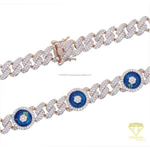 Collar de eslabones cubanos en tono plateado con detalles circulares azules y brillantes para minoristas y revendedores de joyería al por mayor - Product Image 2