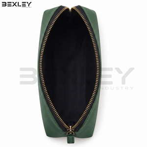 Wholesale Rate Deep Green Beauty <b>Accessories</b> Holder With Golden Stitch Accents Antique Tone <b>Zipper</b> Pull Cosmetic Leather Bags - Product Image 2