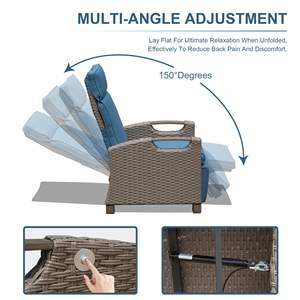 "Hand-Woven <b>Wicker</b> Patio & <b>Indoor</b>-Outdoor Recliner <b>Chair</b> with Flip Table & 6.8'' Cushions Navy Blue Adjustable Angle" - Product Image 5