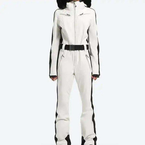 Custom Logo Women's One Piece Ski Suit Waterproof Windproof Slim Fit Belted Snowsuit with Faux Fur Hood Winter Snow <b>Jumpsuit</b> - Product Image 1