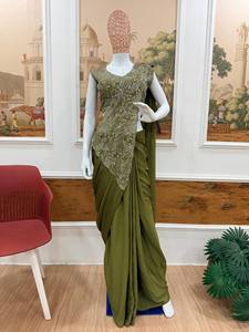 Sari Reversible de Diseño para Mujer, Verde Oliva, con Blusa Bordada, Estilo Indo-Occidental, Listo para Usar, para Fiestas, Bodas, Estilo Étnico - Product Image 4