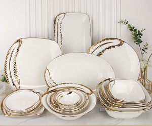 Pristine White Ceramic <b>Dinnerware</b> <b>Set</b> Grand Hand-Painted Gold Feather-Edge Trim Square Bowl Plate Eco-Friendly BPA Free Hotel - Product Image 1