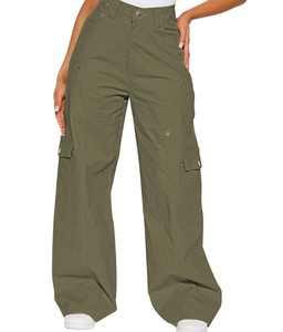 Pantalon cargo décontracté en toile 100 % coton de haute qualité pour femme, coupe droite, taille haute, six poches, respirant et coupe-vent pour l'automne - Product Image 3