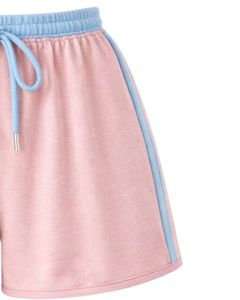 Pink Blue Women Camisole And Shorts <b>Set</b> Summer Two Piece Outfit Cotton Blend Crop Top Contrast Panel Drawstring Shorts Casual - Product Image 5