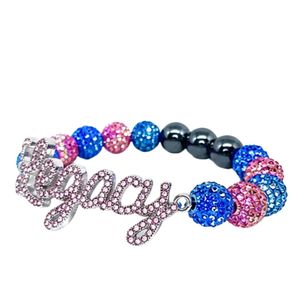 Bracelet extensible perlé noir, rose et bleu roi avec breloque lettre en cristal et strass, accessoire de mode pour femme - Product Image 3