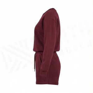 Women's 2 Piece Fleece Sweatshirt and Shorts Set Crew Neck Full Sleeve Printed Casual Above Knee Loose Fit <b>Maroon</b> Color - Product Image 3
