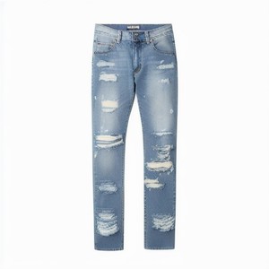 Jean en denim déchiré et délavé coupe droite pour homme, taille mi-haute, coupe ajustée, décontracté, en coton, bleu délavé, style printemps - Product Image 1