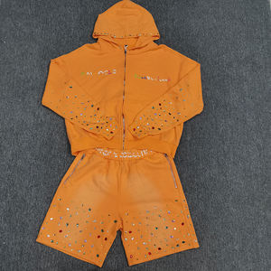 Conjunto Deportivo de Dos Piezas para Hombre, Sudadera con Cremallera y Pantalones Cortos, Estilo Urbano con Pedrería, Logotipo Bordado, Lavado Ácido - Product Image 1