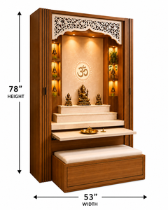 Mandir en bois finition noyer de qualité supérieure pour la maison, Mandir Pooja moderne avec rangement, éclairage LED et panneaux décoratifs CNC - Product Image 2