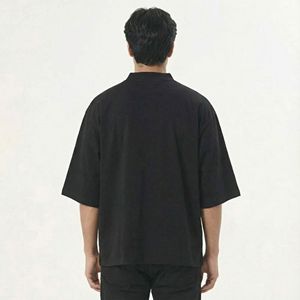 Men's Black <b>Mock</b> <b>Neck</b> Oversized Shirt Half Sleeve Drop Shoulder Solid Color Cotton Pullover Streetwear <b>Top</b> Summer Wear - Product Image 6