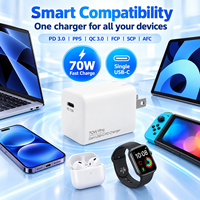 Chargeur mural compact pliable 70W GaN USB-C PD à charge rapide pour ordinateur portable, tablette et téléphone