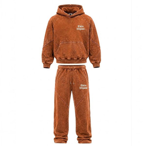 Ekin Impex OEM Service High Quality Garment Dyed <b>Brown</b> Tracksuit Set <b>Men's</b> Acid Wash Fleece <b>Hoodie</b> and Joggers Wholesale - Product Image 1