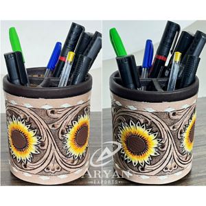 Support de stylos et crayons rond en cuir de vache véritable fait main, style western, gravé à la main, organisateur de bureau, rangement de papeterie – Vente en gros - Product Image 1
